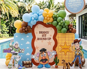 Toy Story-uitsparingen, houtachtige feestrekwisieten, achtergrond, tuinbord, tafeldecoraties, cowboykinderfeest, naar boven afronden