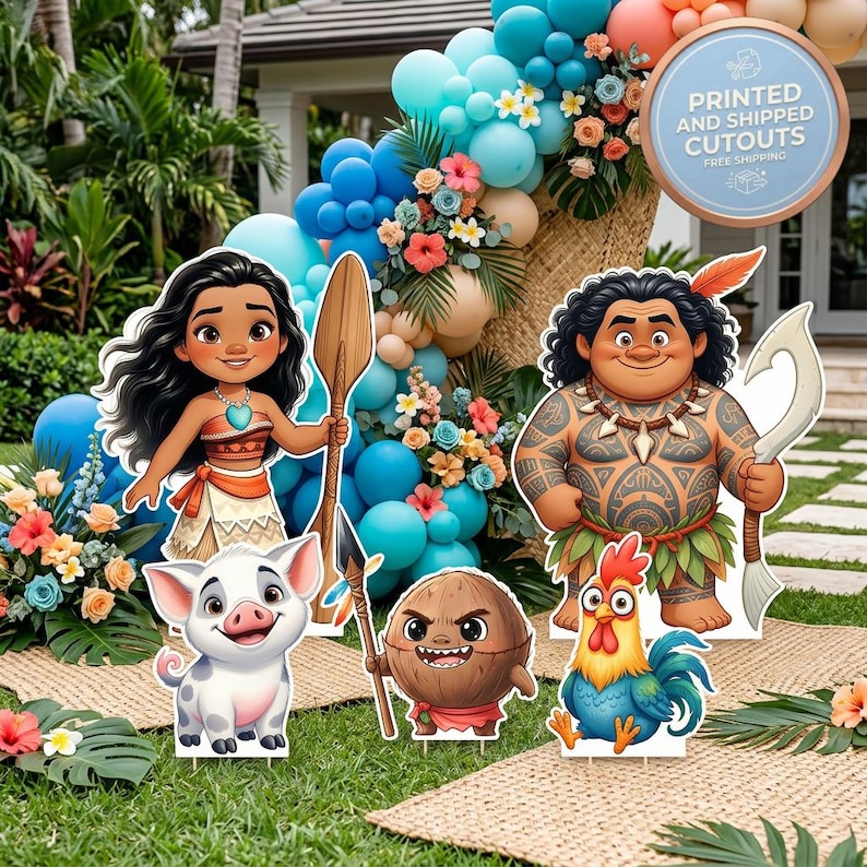 Pode incluir: Um conjunto de recortes impressos e enviados com personagens de desenhos animados, incluindo uma menina de cabelos longos e escuros, um homem tatuado, um porco, uma criatura de coco e um galo, exibidos num relvado com um arco de bal&otilde;es.
