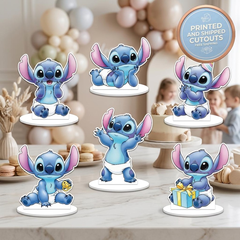 Puede incluir: Un conjunto de recortes de personajes de dibujos animados azules, cada uno con una pose y expresi&oacute;n &uacute;nicas. Los personajes llevan pa&ntilde;ales blancos y se muestran sobre bases circulares blancas. Un letrero en el fondo dice "Printed and Shipped Cutouts".