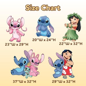 May include: A size chart featuring cartoon characters Stitch and Angel, along with Lilo. The chart includes measurements in inches for each character's image, with the largest being 37"W x 32"H. The text "Size Chart" is at the top.
