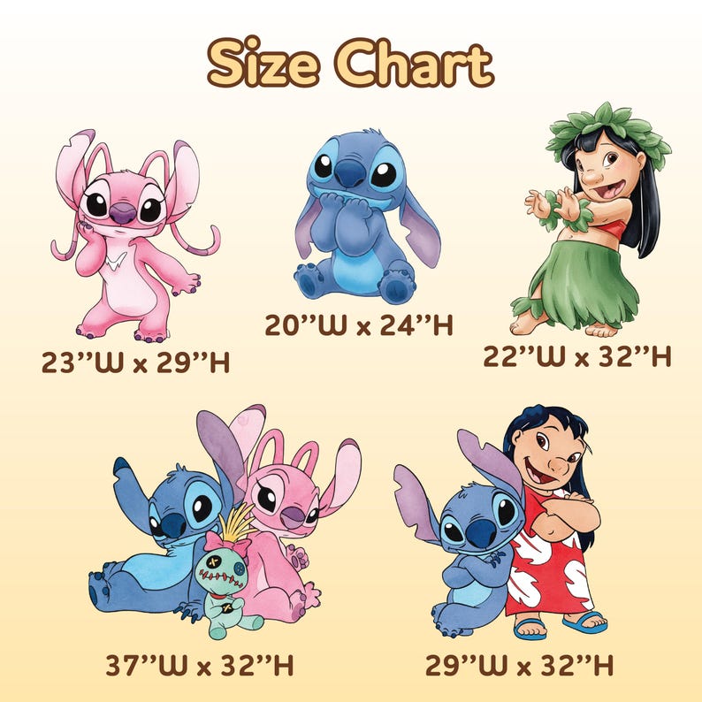 May include: A size chart featuring cartoon characters Stitch and Angel, along with Lilo. The chart includes measurements in inches for each character's image, with the largest being 37"W x 32"H. The text "Size Chart" is at the top.