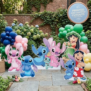May include: A collection of colorful character cutouts from the animated film, Lilo & Stitch, including Stitch, Angel, and Lilo. The cutouts are surrounded by balloons in shades of blue, pink, and green, creating a festive atmosphere.