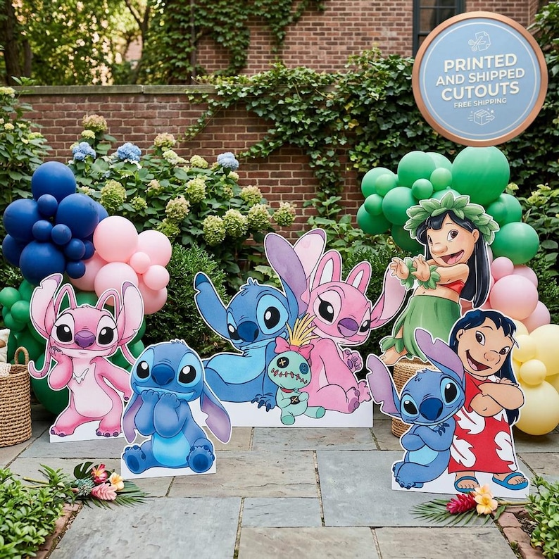 May include: A collection of colorful character cutouts from the animated film, Lilo & Stitch, including Stitch, Angel, and Lilo. The cutouts are surrounded by balloons in shades of blue, pink, and green, creating a festive atmosphere.