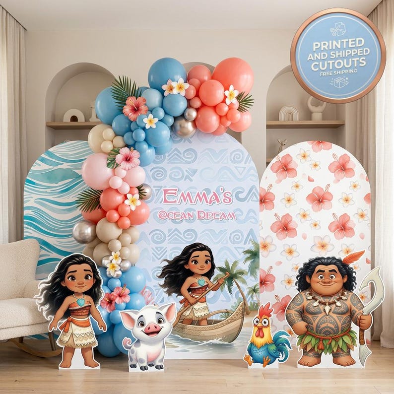 May include: A party backdrop set featuring three arched panels with Moana-themed graphics, including a central panel with the text Emma's Ocean Dream, a balloon garland in blue, peach, and tan, and four character cutouts of Moana, Pua, Heihei, and Maui.
