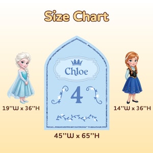 Pu&ograve; includere: Una tabella delle taglie azzurra con la scritta "Size Chart" in alto. La tabella presenta illustrazioni di due personaggi dei cartoni animati e il nome "Chloe" con il numero "4". Le dimensioni della tabella sono 114 cm di larghezza x 165 cm di altezza.