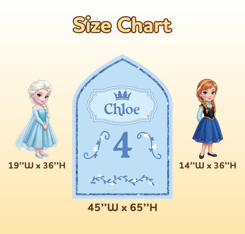 Pu&ograve; includere: Una tabella delle taglie azzurra con la scritta "Size Chart" in alto. La tabella presenta illustrazioni di due personaggi dei cartoni animati e il nome "Chloe" con il numero "4". Le dimensioni della tabella sono 114 cm di larghezza x 165 cm di altezza.