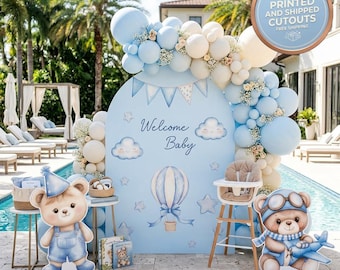 青いベビーシャワー用アビエイターベアの切り抜き、背景、パーティー小道具、男の子の赤ちゃん歓迎、飛行機のセンターピース、1歳の誕生日