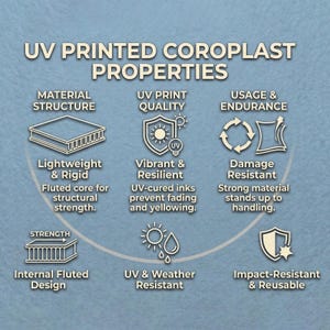 Puede incluir: Gr&aacute;fico informativo que detalla las propiedades del coroplast impreso con UV. Incluye estructura del material, calidad de impresi&oacute;n y uso. El texto destaca 'ligero', 'vibrante', 'resistente a da&ntilde;os' y 'resistente a los rayos UV y a la intemperie'.