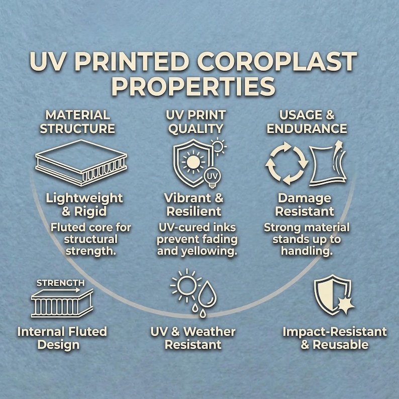Puede incluir: Gr&aacute;fico informativo que detalla las propiedades del coroplast impreso con UV. Incluye estructura del material, calidad de impresi&oacute;n y uso. El texto destaca 'ligero', 'vibrante', 'resistente a da&ntilde;os' y 'resistente a los rayos UV y a la intemperie'.