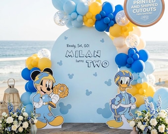 Mickey en Donald Duck Roadster Racer Feestuitsparingen, rekwisieten, achtergrond, raceauto, tafeldecoraties, 1e verjaardag