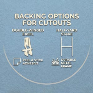 Puede incluir: Imagen que muestra opciones de respaldo para recortes. Las opciones incluyen un caballete de doble ala, una estaca de media yarda, adhesivo despegable y un marco de metal duradero. El texto es crema sobre un fondo azul claro.