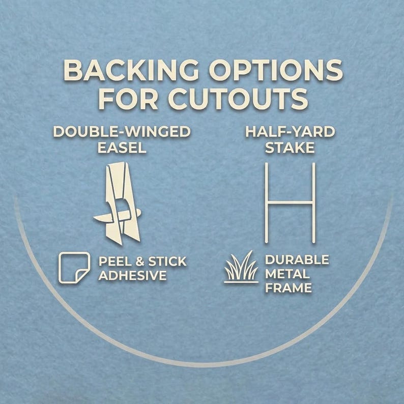Puede incluir: Imagen que muestra opciones de respaldo para recortes. Las opciones incluyen un caballete de doble ala, una estaca de media yarda, adhesivo despegable y un marco de metal duradero. El texto es crema sobre un fondo azul claro.