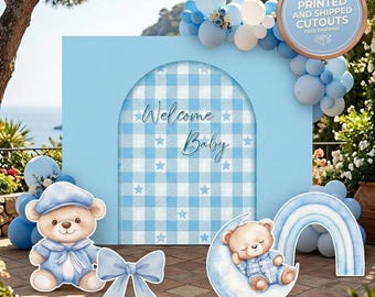 青いベビーシャワー用テディベアの切り抜き、背景、パーティー小道具、男の子の赤ちゃん歓迎、センターピース、1歳の誕生日、チェック柄のテディベア