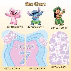 May include: A size chart featuring cartoon characters Stitch, Angel, and Lilo. The chart includes measurements in inches for various decorative cutouts, including a floral arch and panels with the name "Olivia" and the number "7".