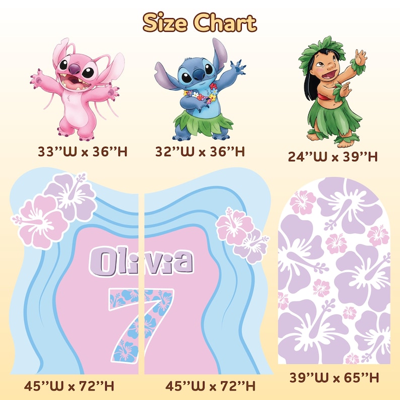 May include: A size chart featuring cartoon characters Stitch, Angel, and Lilo. The chart includes measurements in inches for various decorative cutouts, including a floral arch and panels with the name "Olivia" and the number "7".