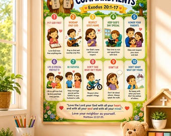 Ten Commandments Kids Poster – Christian Bible Sunday School Wall Art