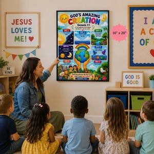 May include: A 16 inch by 20 inch wall poster titled God's Amazing Creation, featuring colorful illustrations of the seven days of creation, including the Earth, sun, moon, animals, and people, with Genesis 1:1 and 1:31 text included.