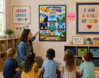 Creation Poster for Kids | Genesis 1 Bible Wall Art, 7 Days Learning Chart