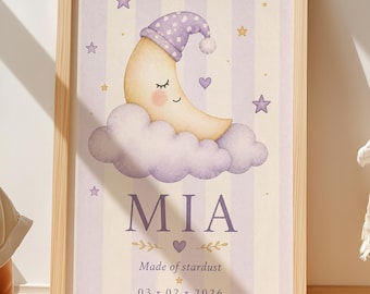 Personalized Nursery Wall Art, Custom Baby Name Poster, Watercolor Moon Decor, Celestial Kids Room Print, Newborn Gift, Nursery Art