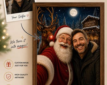 Custom Christmas Santa Photo, Personalized Santa Selfie Portrait, Reindeer Holiday Gift, Christmas Family Keepsake, Magical Xmas Wall Art