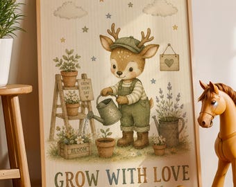 Deer Nursery Wall Art, Watercolor Woodland Animal Poster, Cute Forest Kids Decor, Grow With Love Print, Baby Room Artwork, Nature Theme