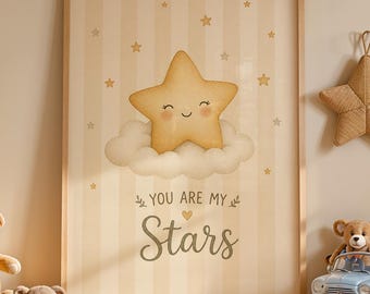 You Are My Stars Nursery Wall Art, Cute Star Cloud Print, Watercolor Baby Room Decor, Neutral Kids Artwork, Minimalist Nursery Poster