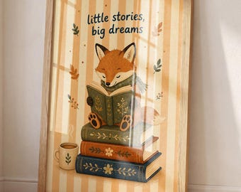 Fox Reading Wall Art, Book Lover Nursery Decor, Cute Fox Poster, Kids Room Print, Watercolor Animal Artwork, Reading Theme Wall Decor