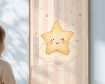 Cute Star Nursery Wall Art, Watercolor Celestial Baby Decor, Pink Sky Cloud Print, Neutral Kids Room Artwork, Minimalist Moon Theme Poster
