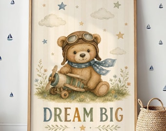 Teddy Bear Nursery Wall Art, Watercolor Airplane Poster, Cute Adventure Kids Decor, Dream Big Print, Baby Room Artwork, Woodland Theme