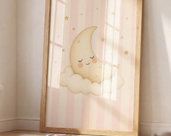 Cute Moon Nursery Wall Art, Watercolor Celestial Baby Decor, Pink Cloud Print, Neutral Kids Room Artwork, Minimalist Moon Theme Poster