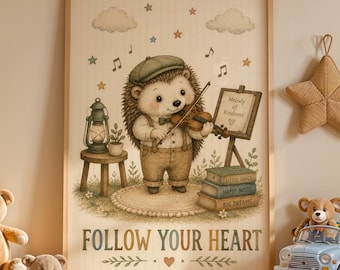 Hedgehog Nursery Wall Art, Watercolor Animal Music Poster, Cute Woodland Kids Decor, Follow Your Heart Print, Baby Room Artwork