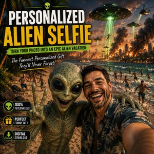 May include: A digital graphic featuring a person taking a selfie with a grey alien on a beach. Text reads: PERSONALIZED ALIEN SELFIE, TURN YOUR PHOTO INTO AN EPIC ALIEN VACATION, The Funniest Personalized Gift They'll Never Forget!, 100% PERSONALIZED, PERFECT FUNNY GIFT, DIGITAL DOWNLOAD.
