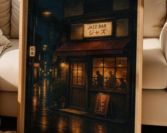 Tokyo Jazz Bar Poster, Japanese Night Street Wall Art, Vintage Japan Print, Retro Jazz Club Decor, Moody Urban Cafe Artwork
