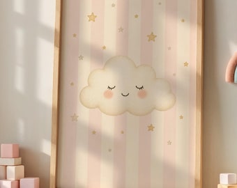 Cloud Nursery Wall Art, Watercolor Celestial Baby Decor, Pink Starry Sky Print, Neutral Kids Room Artwork, Minimalist Cloud Theme Poster
