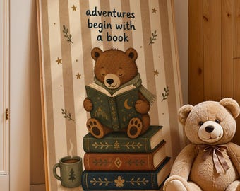 Bear Reading Wall Art, Book Lover Nursery Decor, Cute Bear Poster, Kids Room Print, Watercolor Animal Artwork, Reading Theme Wall Decor