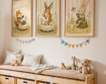 Woodland Animal Nursery Wall Art Set, Cute Fox Deer Bunny Prints, Watercolor Forest Tea Party Decor, Kids Room Artwork, Cottagecore Poster