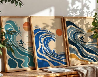 Surf Wall Art Set, 3 Piece Ocean Poster, Japanese Wave Print, Coastal Beach Decor, Surfer Artwork, Mid Century Modern Ocean Wall Decor