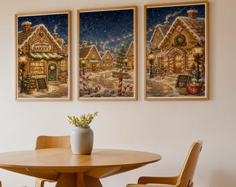 Christmas Gingerbread Village Wall Art Set, Cozy Holiday Bakery Poster, Winter Wonderland Print, Christmas Decor, Vintage Xmas Artwork