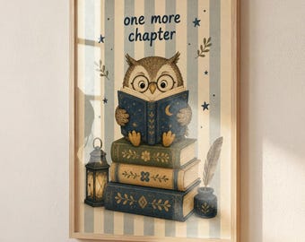 Owl Reading Wall Art, Book Lover Nursery Decor, Cute Owl Poster, Kids Room Print, Watercolor Animal Artwork, Reading Theme Wall Decor