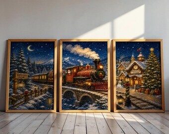 Christmas Train Wall Art Set, North Pole Express Winter Village Poster, Vintage Holiday Railway Print, Cozy Snowy Christmas Decor Artwork