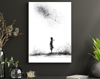 Minimalist Girl Sketch Poster – Black and White Aesthetic Wall Art, Emotional Line Drawing Print, Modern Abstract Decor