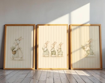 Bunny Nursery Wall Art Set, Cute Rabbit Triptych Print, Watercolor Animal Decor, Easter Baby Room Artwork, Neutral Kids Room Poster