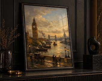 Vintage European City Poster – Classic River Scene Wall Art, Golden Hour Painting, Luxury Interior Decor