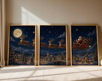 Christmas Reindeer Wall Art Set, Santa Sleigh Winter Village Print, Nordic Holiday Decor, Vintage Christmas Poster, Cozy Xmas Home Artwork