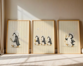 Penguin Bathroom Wall Art Set, Cute Animal Triptych Print, Watercolor Penguin Decor, Neutral Nursery Artwork, Kids Room Poster Set