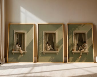 Minimalist Couple Wall Art Set, Romantic Triptych Print, Quiet Love Story Decor, Modern Artwork, Window Scene Poster, Anniversary Gift
