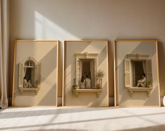 Minimalist Couple Wall Art Set, Romantic Triptych Print, Quiet Love Story Decor, Neutral Bedroom Artwork, Modern Window Scene Poster, Gift