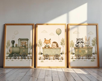 Woodland Animal Train Wall Art Set, Nursery Decor, Cute Forest Animals Print, Baby Room Artwork, Watercolor Kids Room Decor, Train Theme