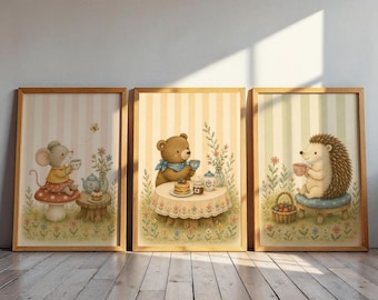 Woodland Animal Nursery Wall Art Set, Cute Hedgehog Mouse Bear Prints, Watercolor Forest Baby Decor,Kids Room Artwork, Cottagecore Poster