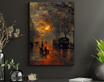 Vintage City Rain Poster – Golden Night Street Scene Wall Art, Atmospheric Urban Painting Decor